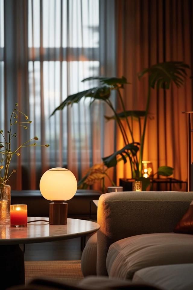 Cozy living room with warm lighting, featuring a round table lamp, soft furnishings, and lush green houseplants.