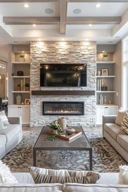 Modern living room with stone fireplace, wall-mounted TV, and cozy sofas in neutral tones.