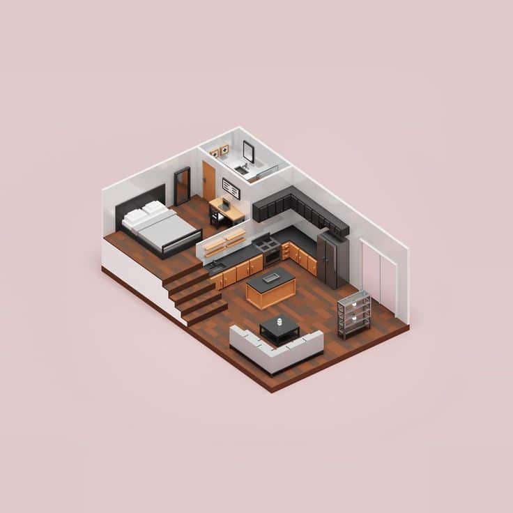 Isometric 3D apartment floor plan with modern kitchen, living room, bedroom, and staircase on a pink background.