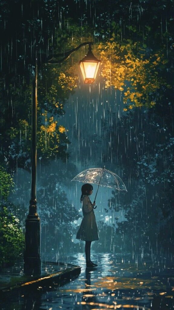 Illustration of a person with an umbrella standing under a streetlamp in the rain, surrounded by trees.