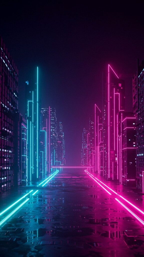 Futuristic neon cityscape with glowing pink and blue lights reflecting on a wet street at night.