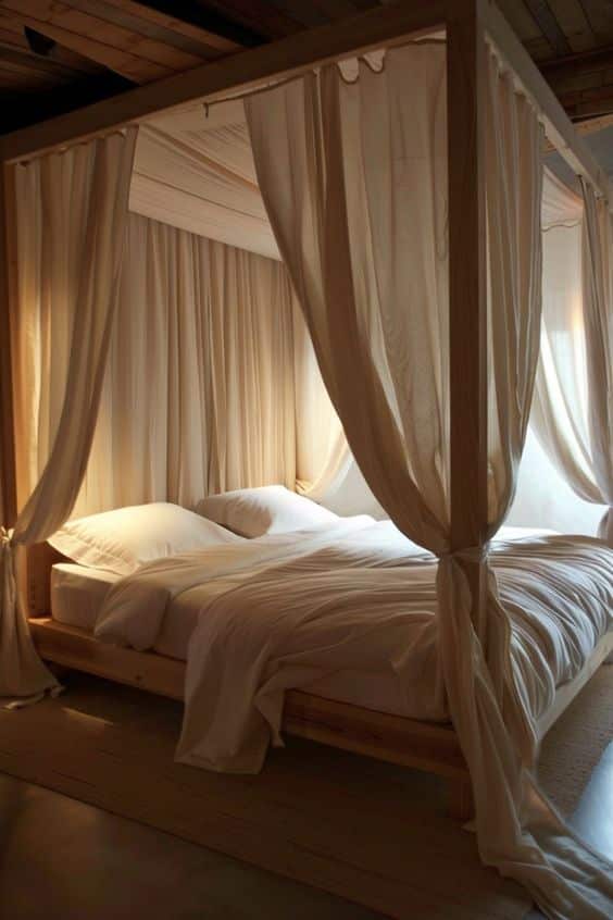 07f42983b706d54e4ce01de0ed7d677d Cozy bedroom with a soft, draped four-poster canopy bed, accented by warm lighting and neutral tones. | Sky Rye Design Cozy bedroom with a soft, draped four-poster canopy bed, accented by warm lighting and neutral tones.
