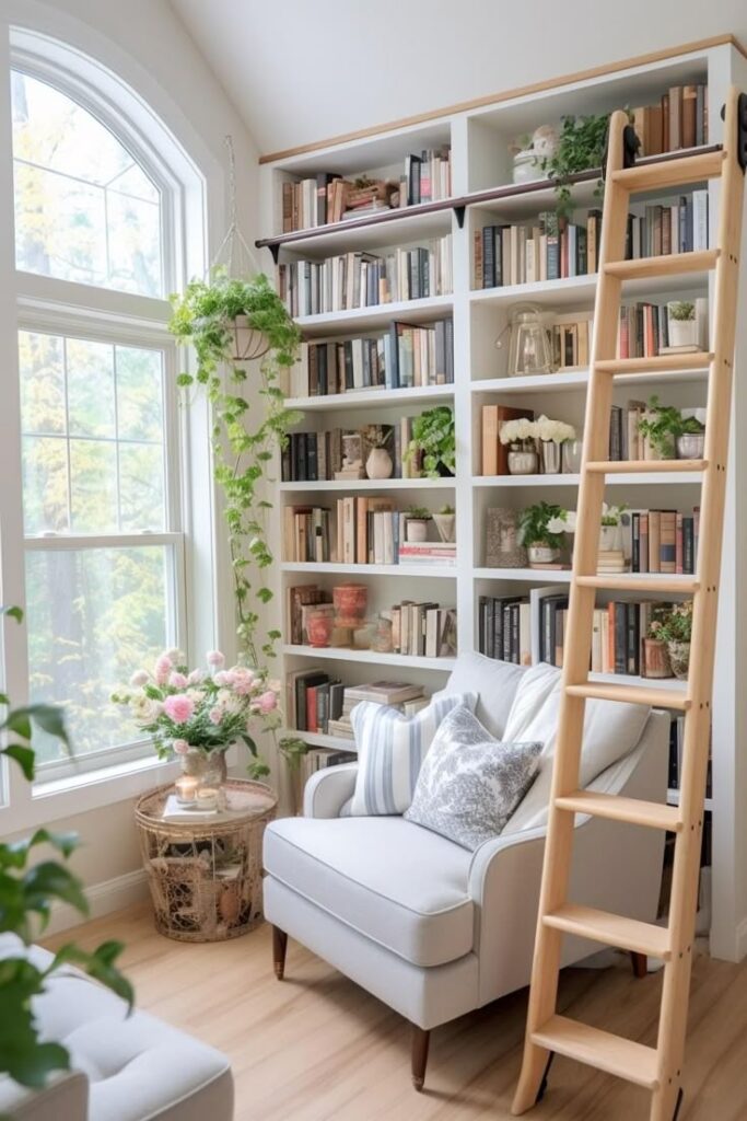 Cozy reading nook with armchair, bookshelf, and plants by a window. Bright, inviting space for relaxation and study.