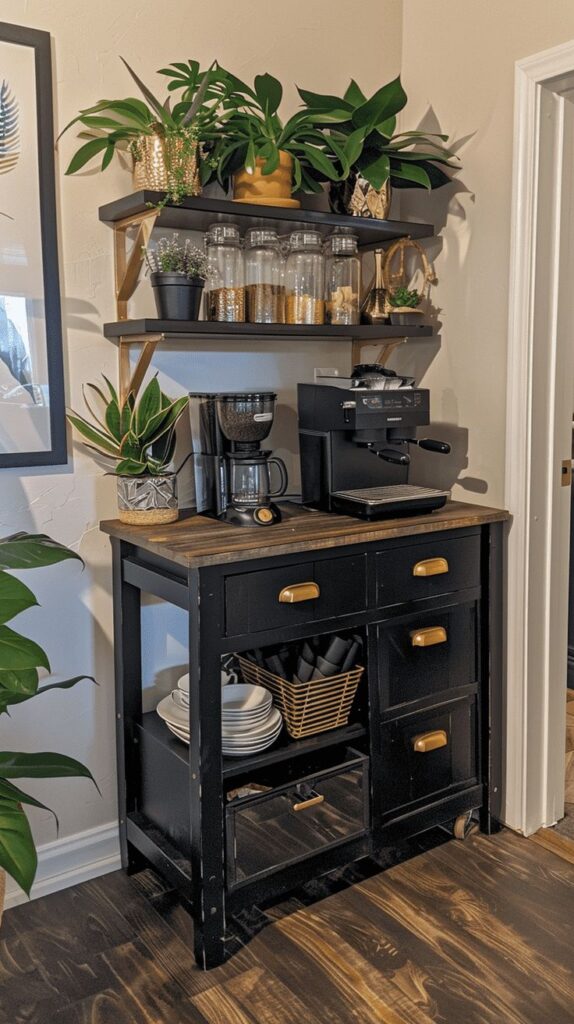 Home coffee station with espresso machine, plants, and shelves with jars. Cozy kitchen decor and storage.
