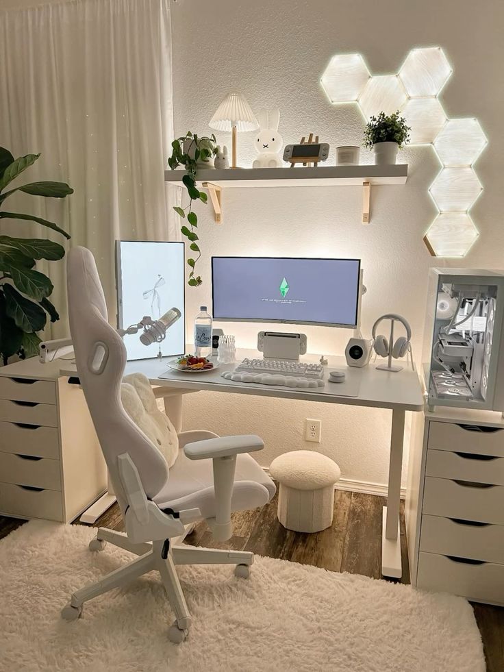 Modern white gaming setup with ergonomic chair, dual monitors, and hexagon wall lights in a cozy, minimalist home office.