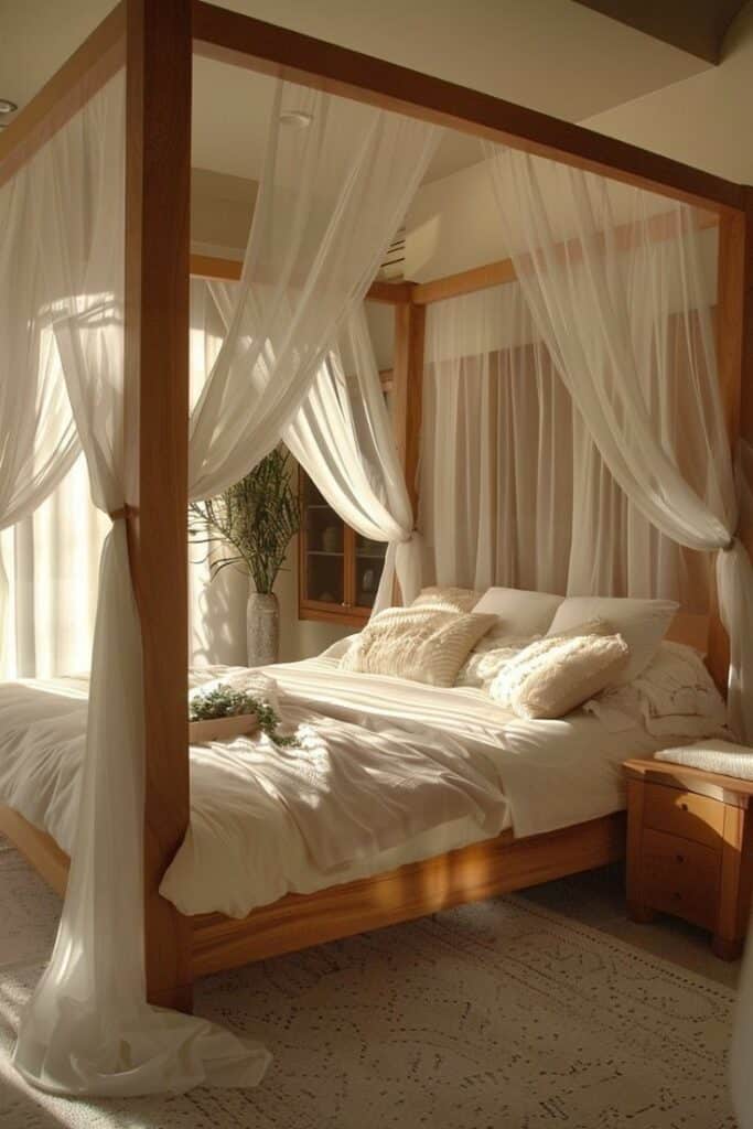 0d843321896bebbe373fb12f77be9fba Elegant four-poster bed with sheer curtains and cozy pillows in a sunlit, stylish bedroom. | Sky Rye Design Elegant four-poster bed with sheer curtains and cozy pillows in a sunlit, stylish bedroom.
