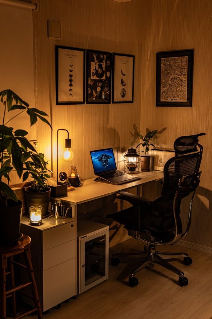 Cozy home office with dim lighting, laptop on desk, ergonomic chair, plants, and wall art. Warm and inviting workspace.