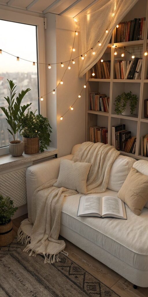 Cozy reading nook with sofa, string lights, bookshelves, plants, and open book on blanket.