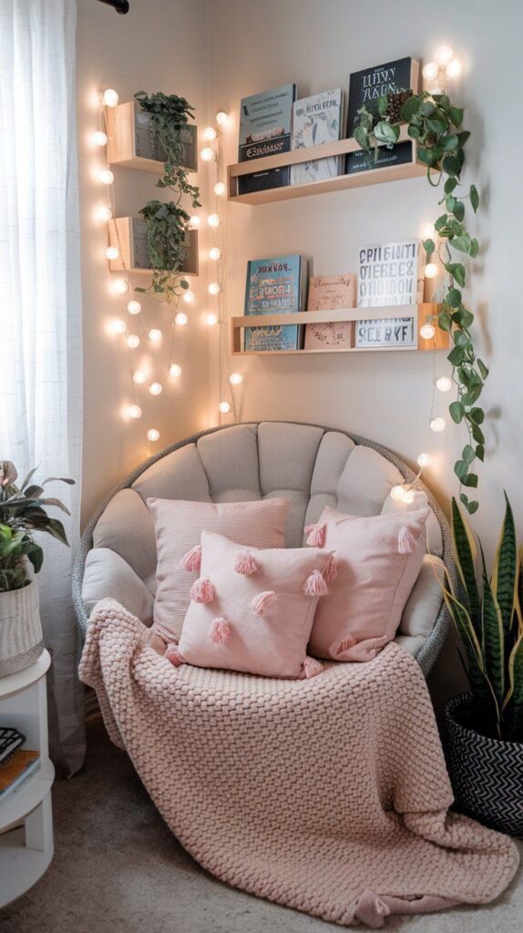 0f05dc64-50bb-4990-af4b-7692a4670457 Cozy reading nook with a round chair, pink cushions, and string lights, surrounded by books and plants. | Sky Rye Design Cozy reading nook with a round chair, pink cushions, and string lights, surrounded by books and plants.