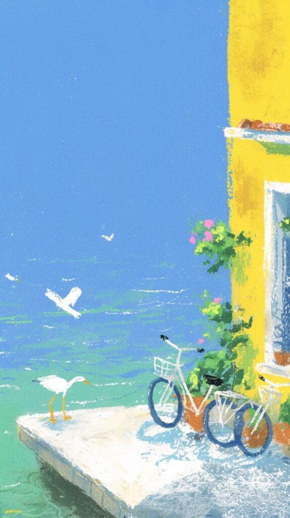 Illustrated seaside scene with bicycle, yellow building, and birds against a vibrant blue sky.