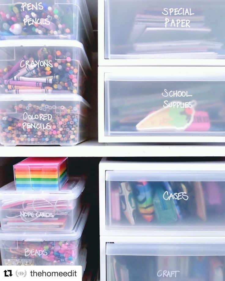 Organized stationery and craft supplies in labeled drawers and containers for a tidy workspace.