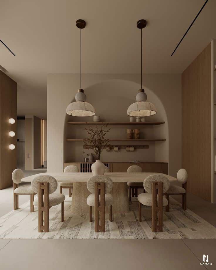 Modern dining room with beige decor, wooden chairs, and pendant lights, showcasing minimalist interior design.