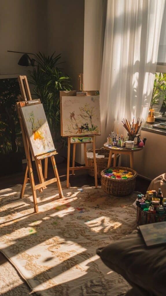 _ 1 Artist studio with two easels, paintings, and art supplies in a sunlit room with plants and soft carpeting. | Sky Rye Design Artist studio with two easels, paintings, and art supplies in a sunlit room with plants and soft carpeting.