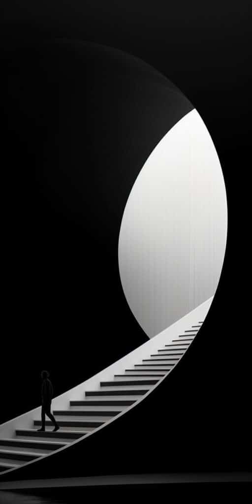 Silhouette of a person ascending a modern, spiral staircase into bright light against a dark background.