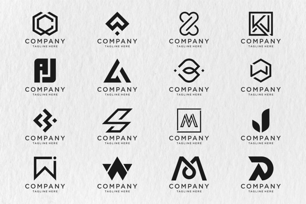 A grid of sixteen unique black-and-white abstract company logos with space for taglines.