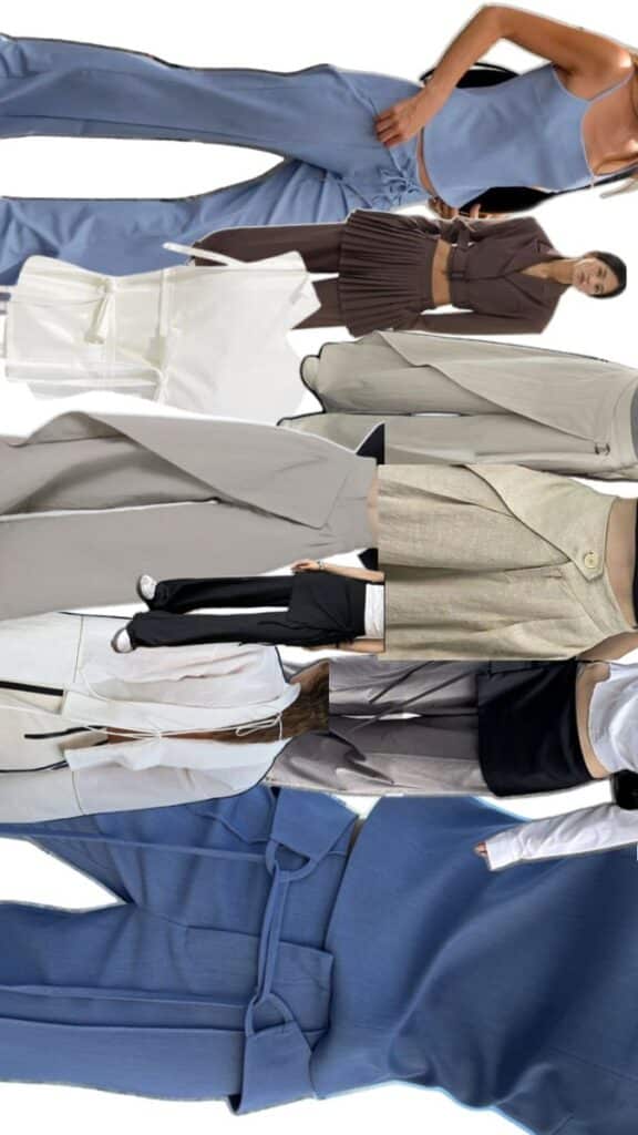 Collage of various stylish women's fashion outfits in pastel and neutral tones.