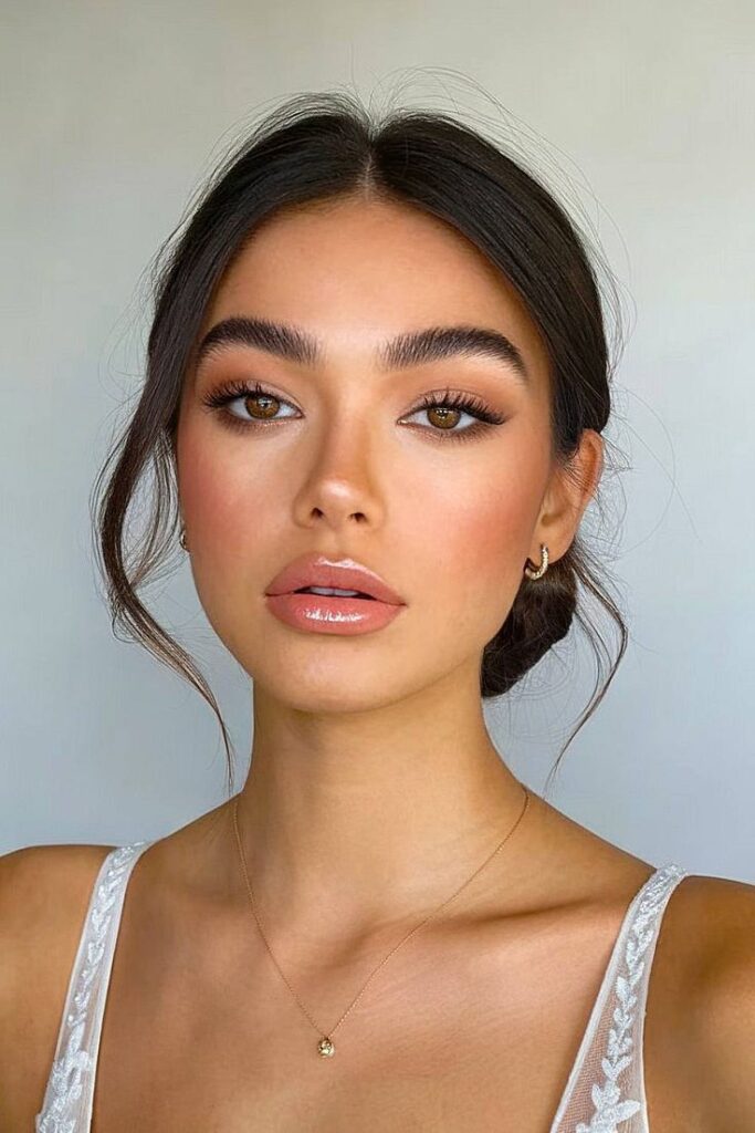 Woman with elegant makeup and hairstyle wearing a white lace top, showcasing a natural beauty look.