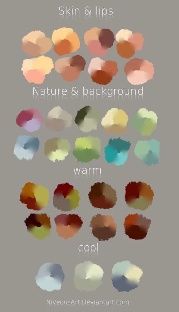 Color palette chart featuring skin, nature, warm, and cool tones for art and design inspiration.