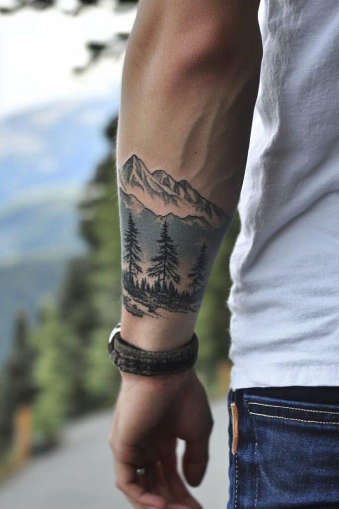 Forearm tattoo of mountains and pine trees, with a person in jeans and a white shirt. Outdoor theme.