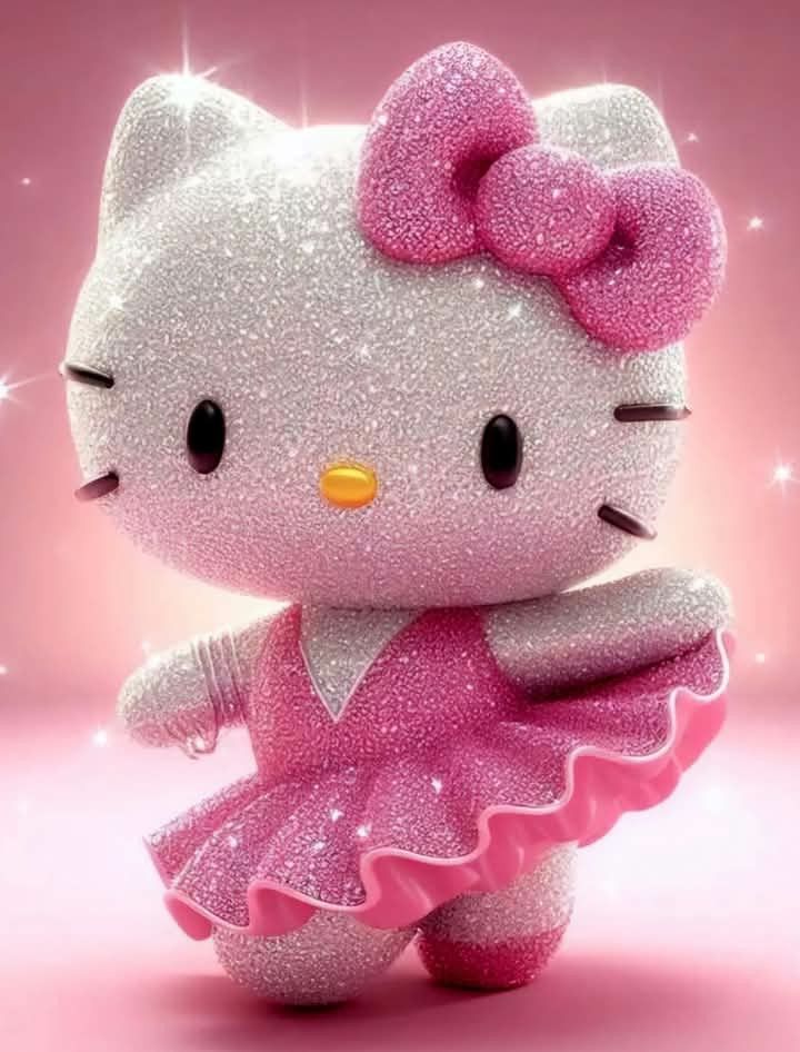 _ 10 Glittering cartoon cat wearing a pink sparkly dress and bow, set against a soft pink background. | Sky Rye Design Glittering cartoon cat wearing a pink sparkly dress and bow, set against a soft pink background.