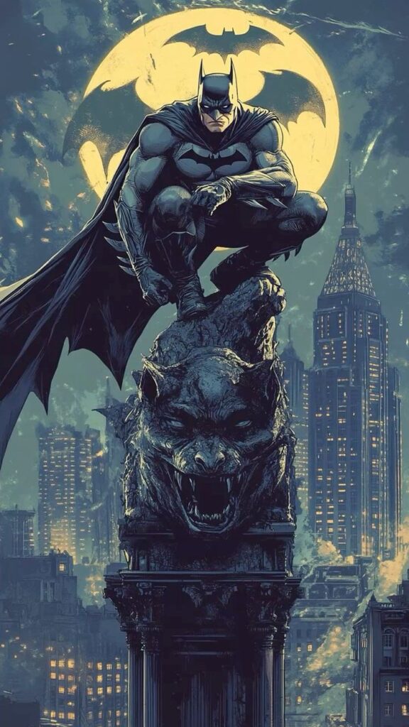 Superhero crouched on gothic statue, moonlit cityscape in background, symbol illuminated in night sky.