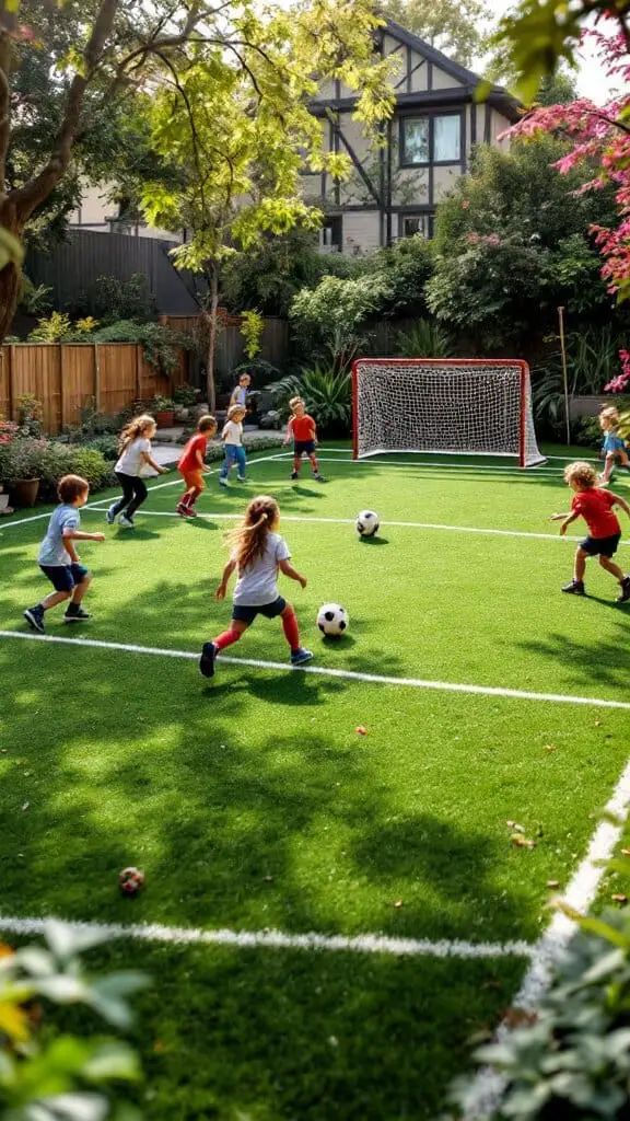 Children playing soccer on a backyard field, surrounded by trees and a house in the background.