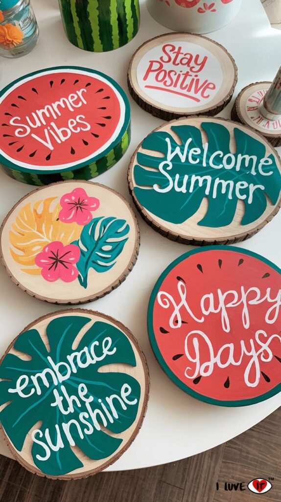 10 Easy and Fun Summer Crafts for Adults - I Luve It Colorful summer-themed wooden coasters with positive messages: Summer Vibes, Stay Positive, Welcome Summer, and more. | Sky Rye Design Colorful summer-themed wooden coasters with positive messages: Summer Vibes, Stay Positive, Welcome Summer, and more.