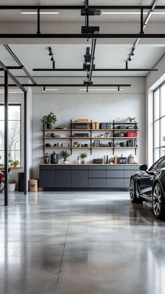Modern garage with sleek black car, organized shelving, and large windows. Minimalist design with natural light.