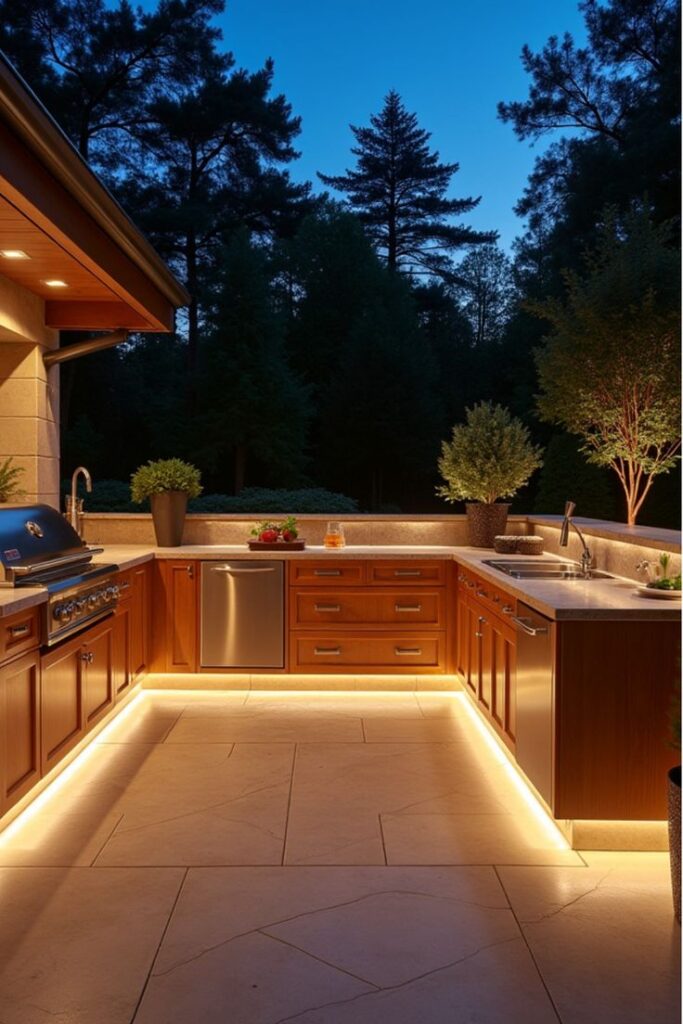 Outdoor kitchen with wooden cabinets, grill, and mood lighting, nestled in a serene forest setting at dusk.