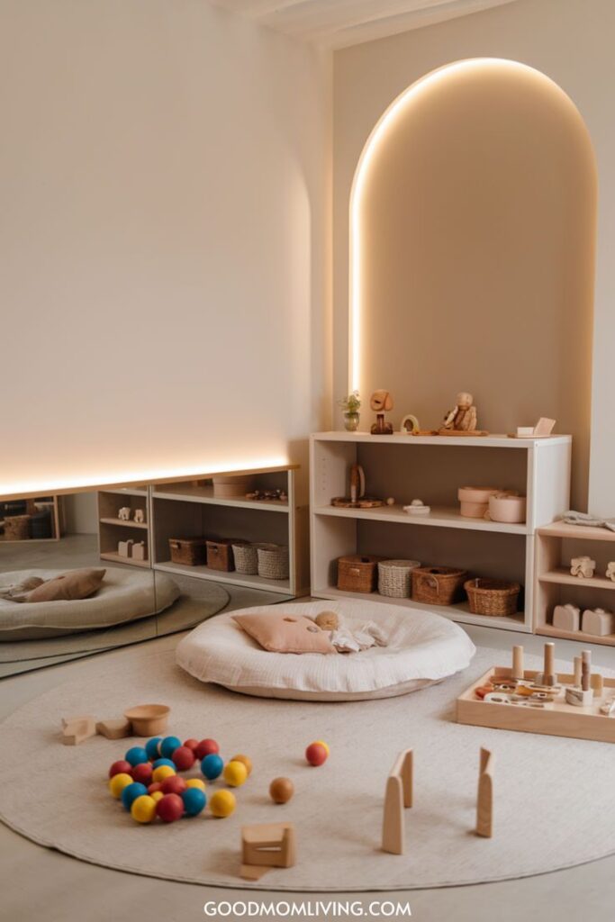 10 Montessori Living Room Ideas for Family Spaces Modern minimalist nursery with soft lighting, toys, and a cozy play area for children. | Sky Rye Design Modern minimalist nursery with soft lighting, toys, and a cozy play area for children. Kids’ Rooms