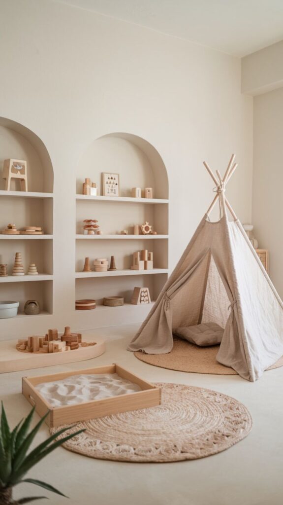 Minimalist kids' playroom with wooden toys, sand table, and cozy teepee tent on woven rug.