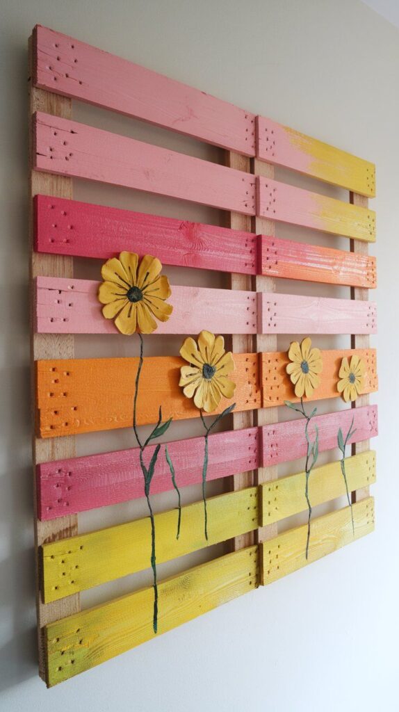 10+ Stunning DIY Home Decor Crafts You Must Try Colorful wooden pallet wall art featuring yellow flowers painted on pink, orange, and yellow planks. | Sky Rye Design Colorful wooden pallet wall art featuring yellow flowers painted on pink, orange, and yellow planks.