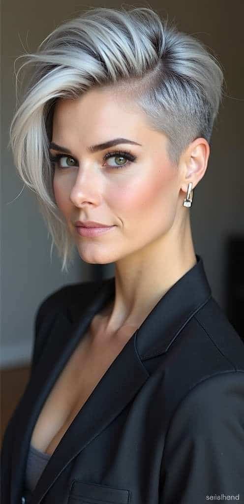Fashionable woman with short silver undercut hairstyle in a black blazer, showcasing modern elegance and style.