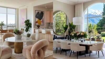Modern dining rooms with elegant decor, large windows, and stunning views of cityscape and mountains.