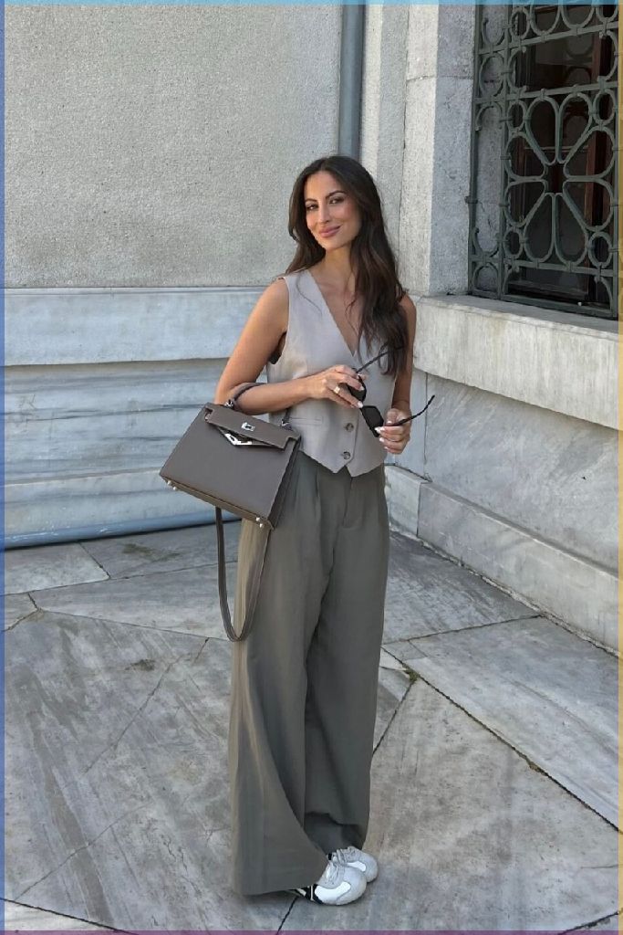 10 ways to wear a scarf for summer _ Tabitha Dumas Woman in stylish grey vest and trousers holding sunglasses and a handbag, standing outside a building with ornate window grill. | Sky Rye Design Woman in stylish grey vest and trousers holding sunglasses and a handbag, standing outside a building with ornate window grill.