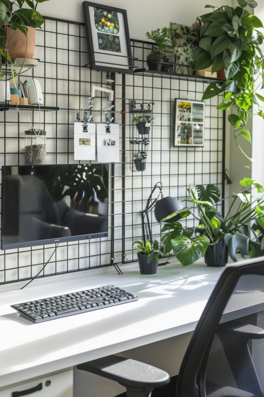 Minimalist home office setup with computer, greenery, and decorative grid wall. Bright, modern workspace design.