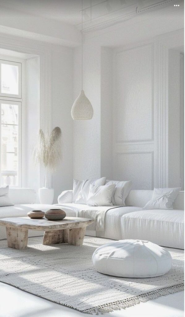 Minimalist white living room with cozy seating, wooden table, and soft natural light.