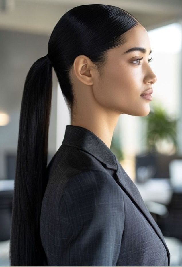 Profile of a confident professional woman in office attire, long hair styled in a sleek ponytail.