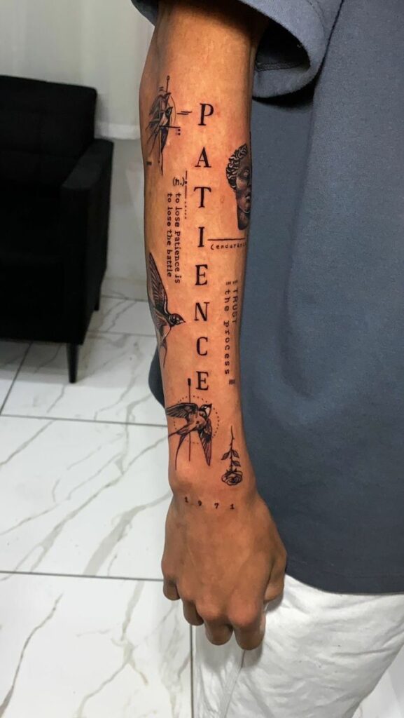 Detailed forearm tattoo with Patience text, birds, portrait, and other intricate designs on a person’s arm.