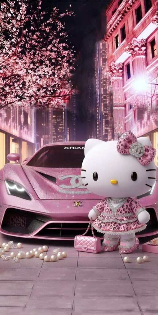 Cute white cartoon character in a pink outfit stands beside a stylish pink sports car on a cherry blossom street.