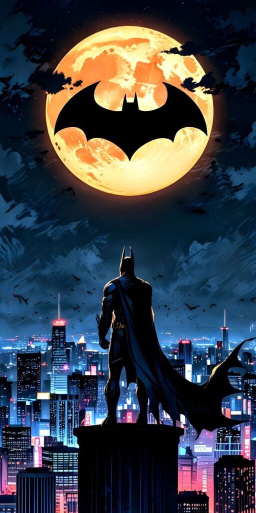 Dark superhero silhouette overlooking city skyline with bat signal against full moon background.