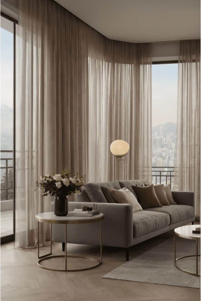 Modern living room with gray sofa, round coffee tables, and soft beige curtains, city view through large windows.