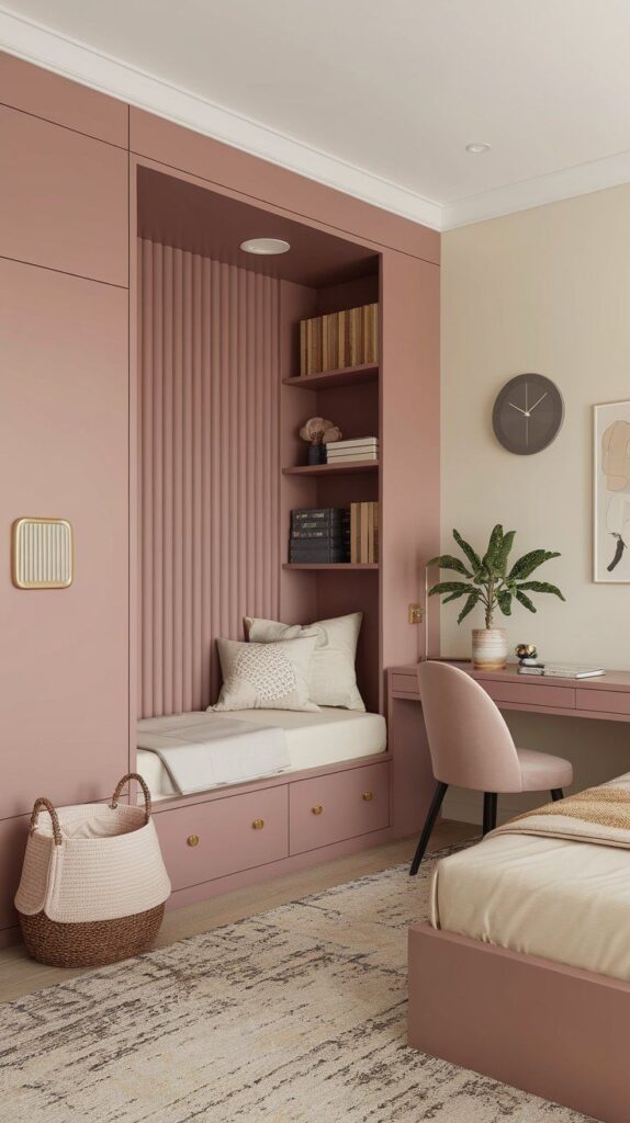Modern pink bedroom with cozy daybed, bookshelves, desk, and decorative accents for a stylish, serene space.