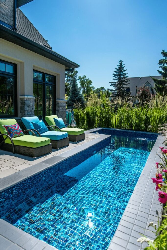 Luxurious backyard pool with lounge chairs and lush greenery on a sunny day.