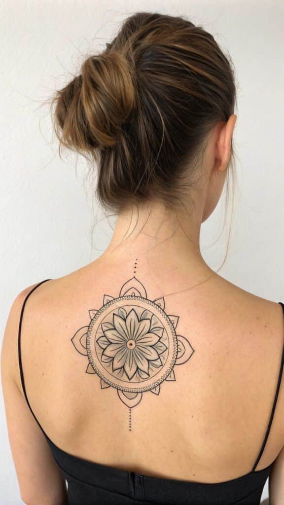 Elegant mandala tattoo on woman's upper back, showcasing intricate floral patterns and delicate details.