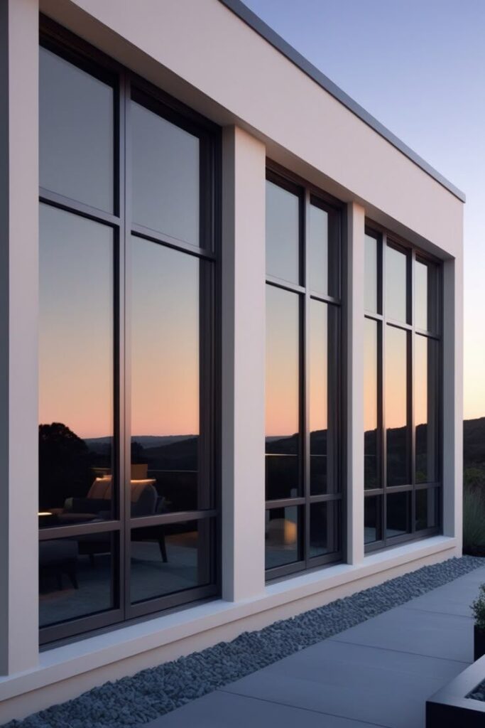 Modern building with large windows reflecting sunset, surrounded by a minimalist landscape.