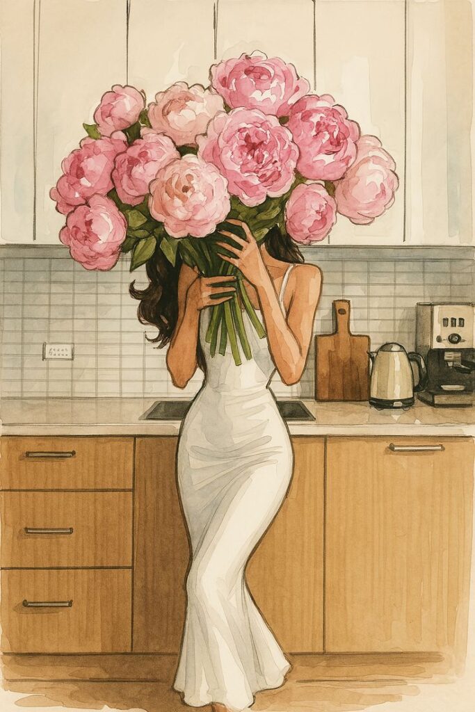 Woman in white dress holding large pink flowers in a kitchen, conveying elegance and style.