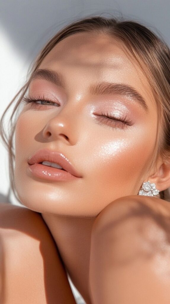 Close-up of a woman with glossy makeup, closed eyes, and diamond earrings in soft lighting.