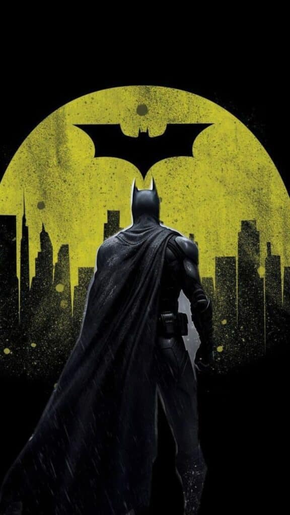 Batman silhouette against yellow bat signal and city skyline background.