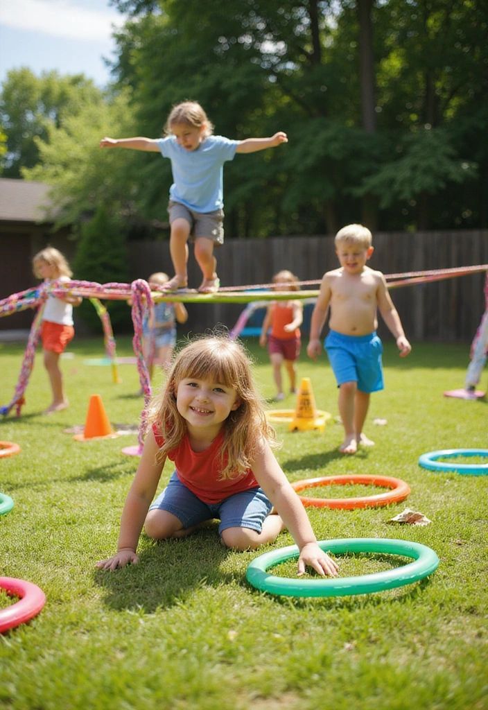 Children playing in a backyard obstacle course with colorful hoops and ropes on a sunny day.